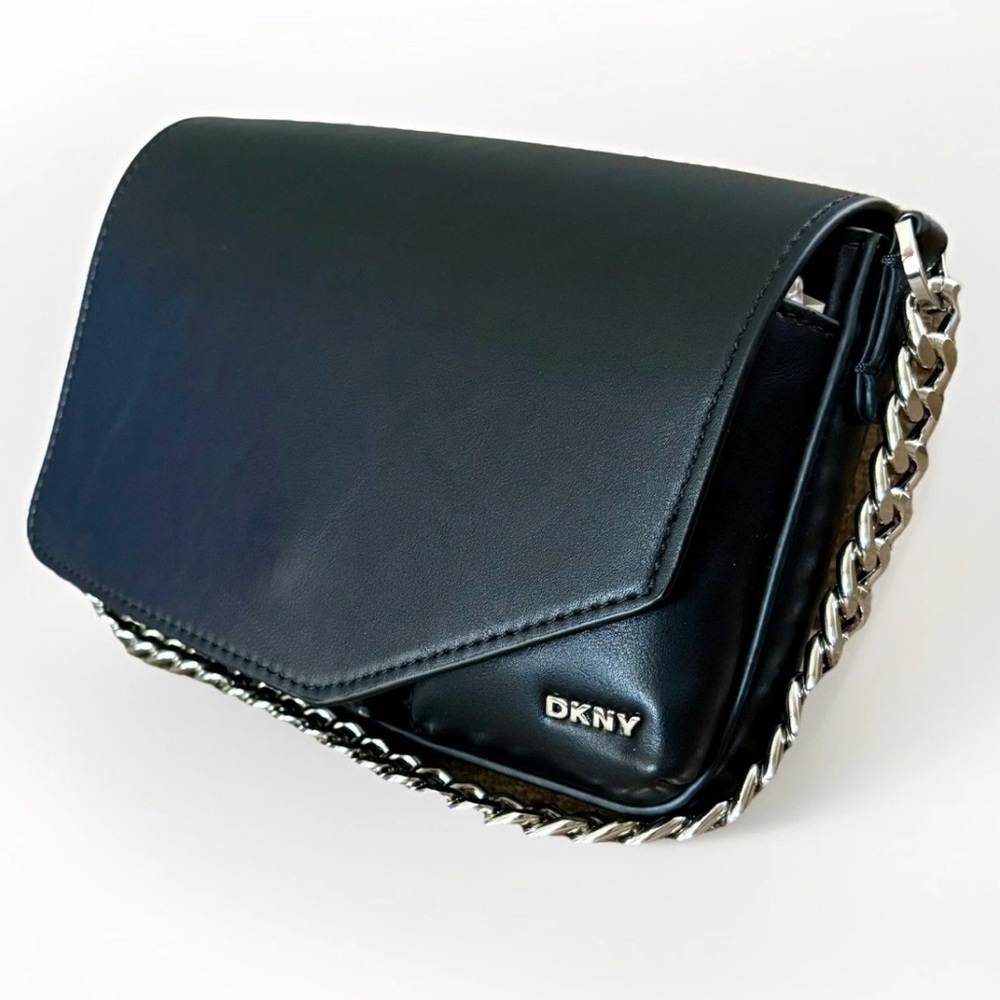 DKNY Buttery Faux LTR MECCA DEMI Shoulder Bag Asymmetrical Flap Silver Chain BLK